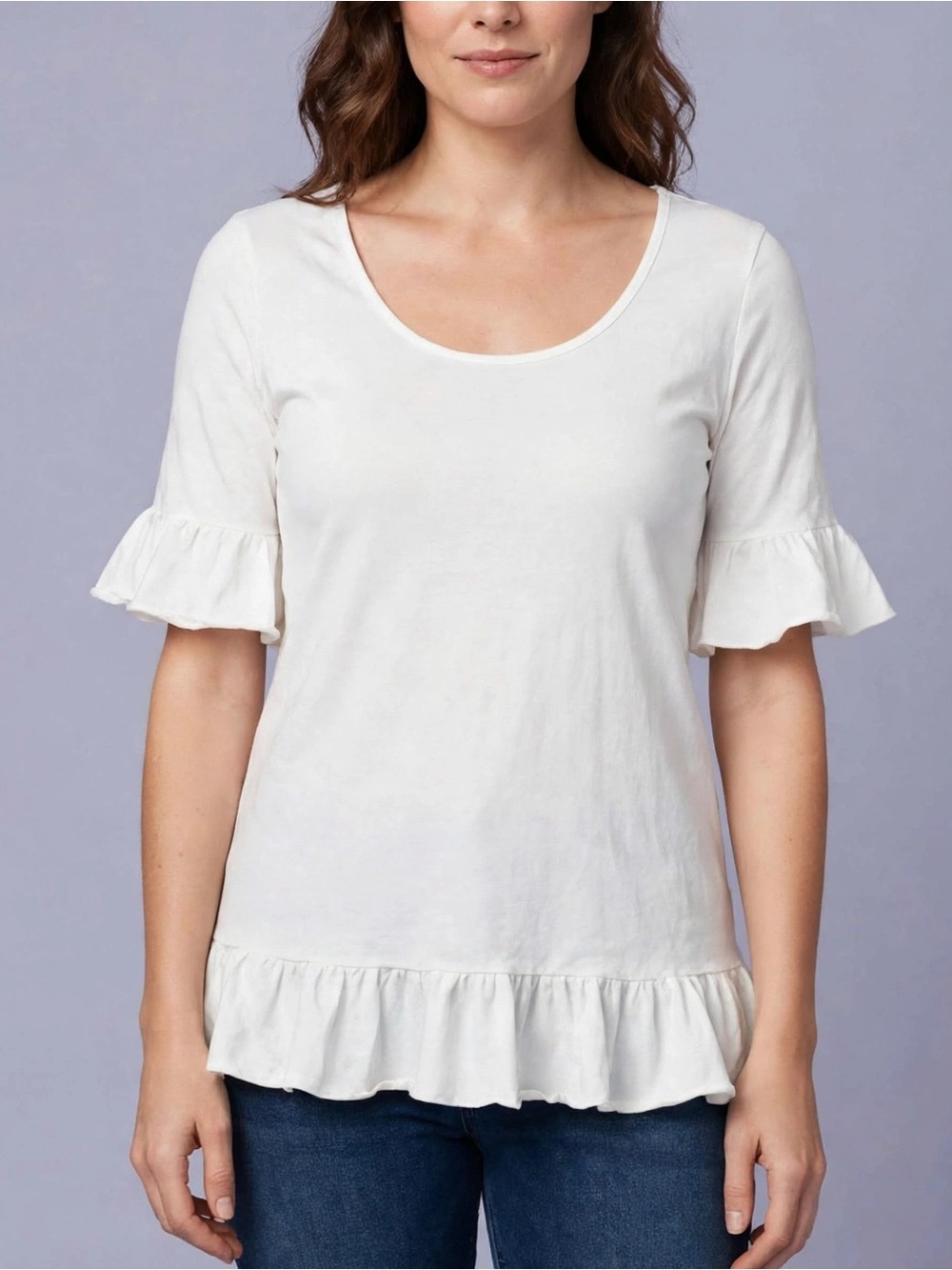 Women’s White Ruffle-Hem Scoop Neck Top SIZE LARGE
